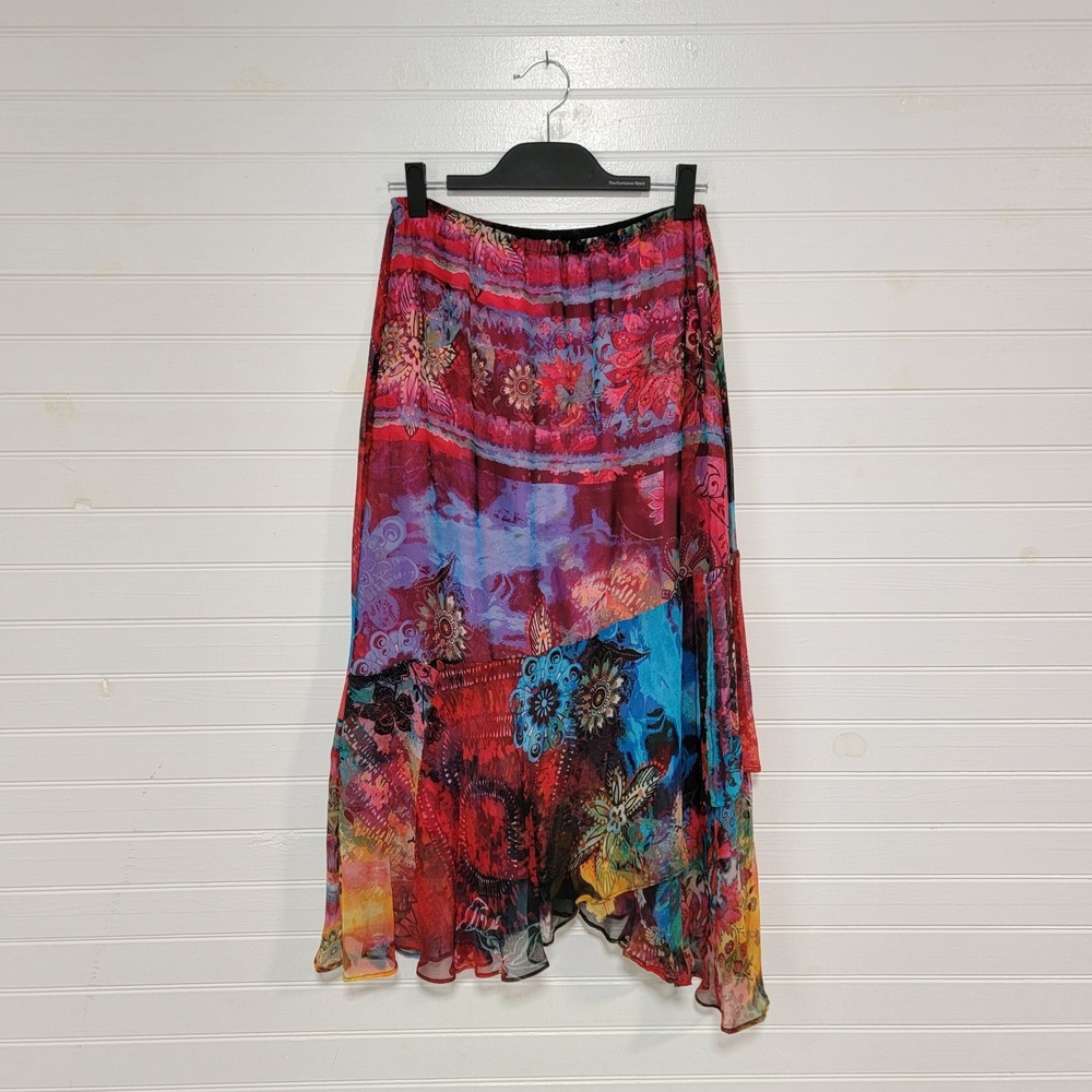Chicos 100% Silk Floral Watercolor Print Tiered Midi Skirt Size 1 Medium Whimsy